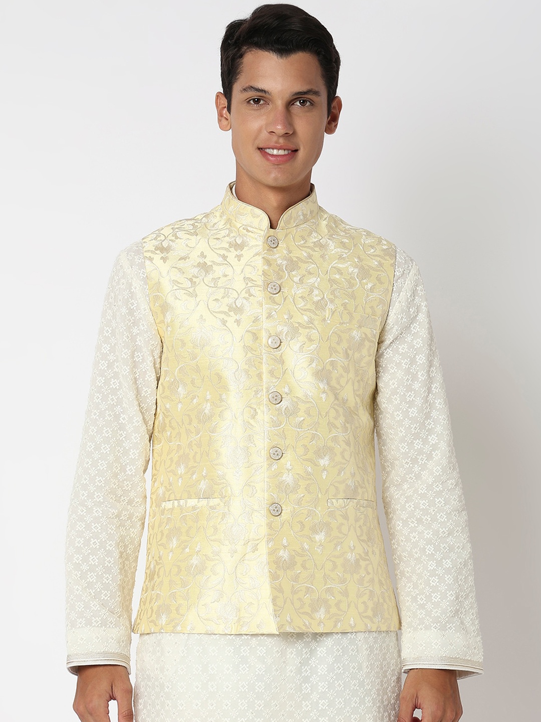 

Ethnicity Woven Design Woven Nehru Jacket, Yellow
