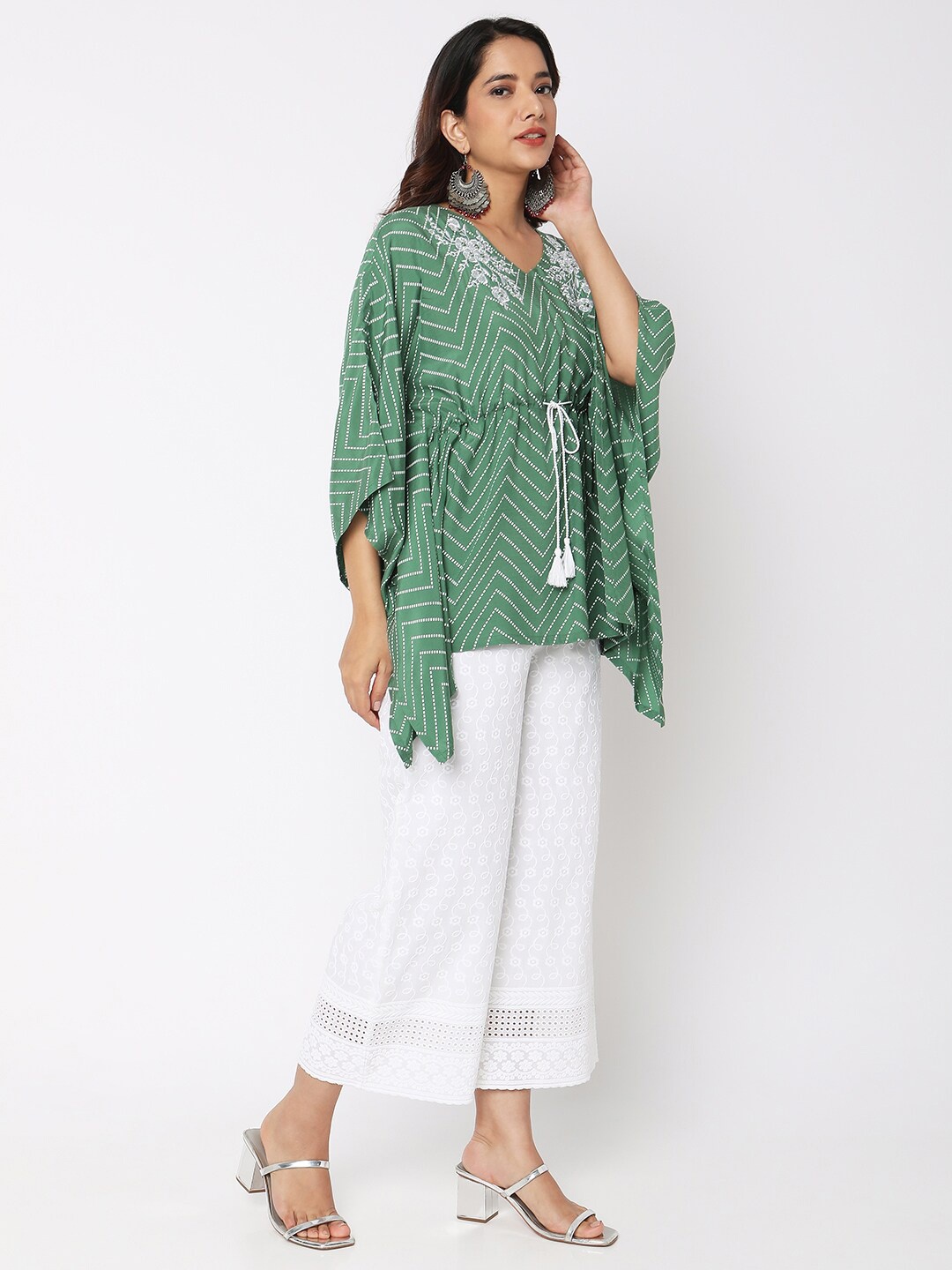 

Ethnicity Floral Printed Kimono Sleeve Kaftan Longline Top, Green