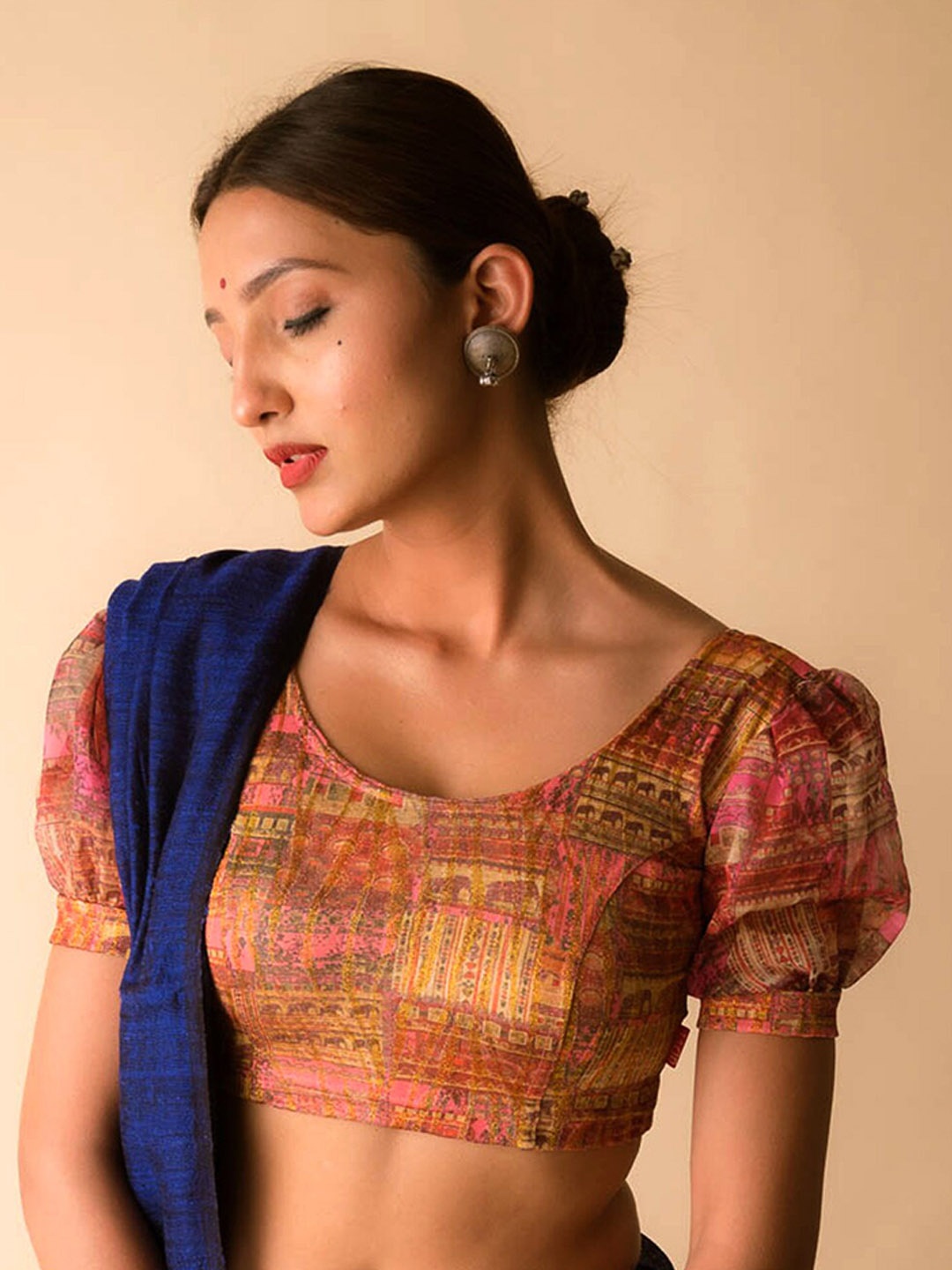 

Bindigasm's Advi Printed Puff Sleeve Stretchable Organza Saree Blouse, Pink