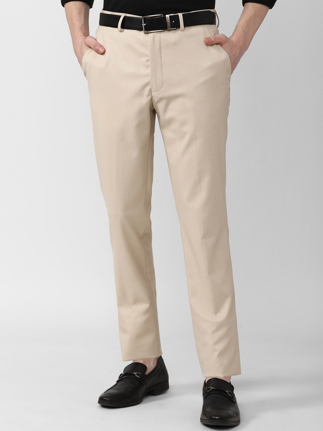 

V Dot Men Self Design Skinny Fit Formal Trousers, Beige