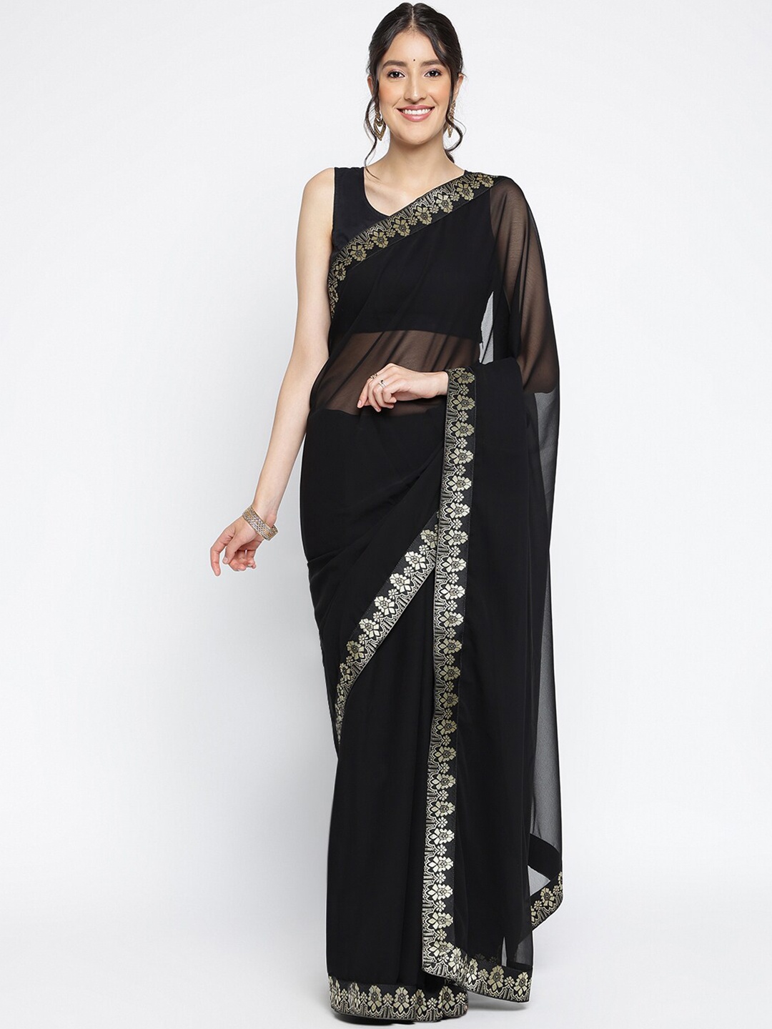 

Ambuja International Zari Pure Georgette Saree, Black