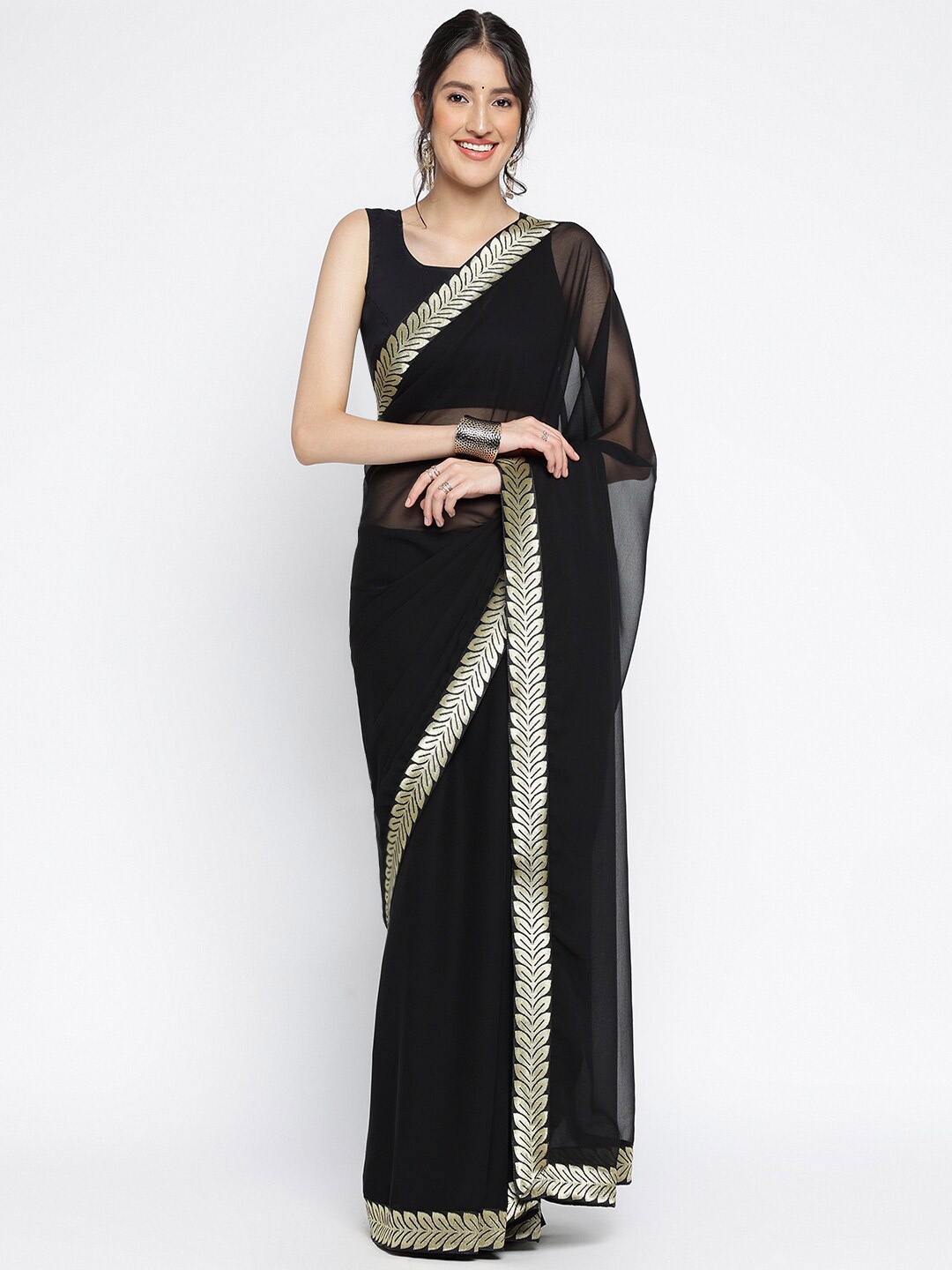 

Ambuja International Zari Pure Georgette Saree, Black
