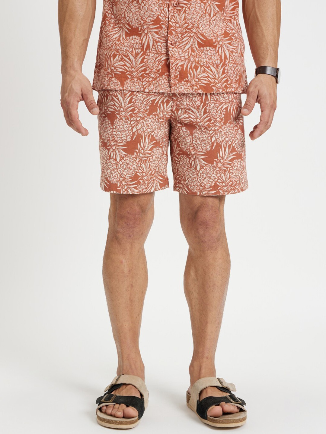 

Celio Men Mid-Rise Floral Printed Cotton Shorts, Orange