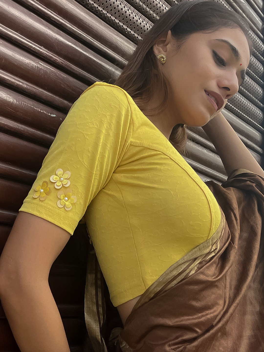 

Bindigasm's Advi Applique Stretchable Lycra Saree Blouse, Yellow