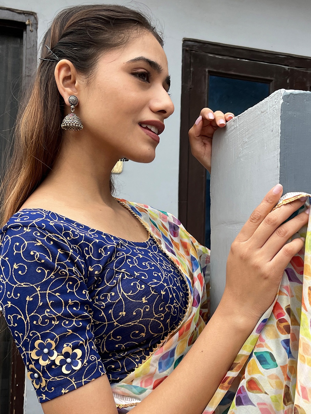 

Bindigasm's Advi Applique Printed Stretchable Saree Blouse, Navy blue