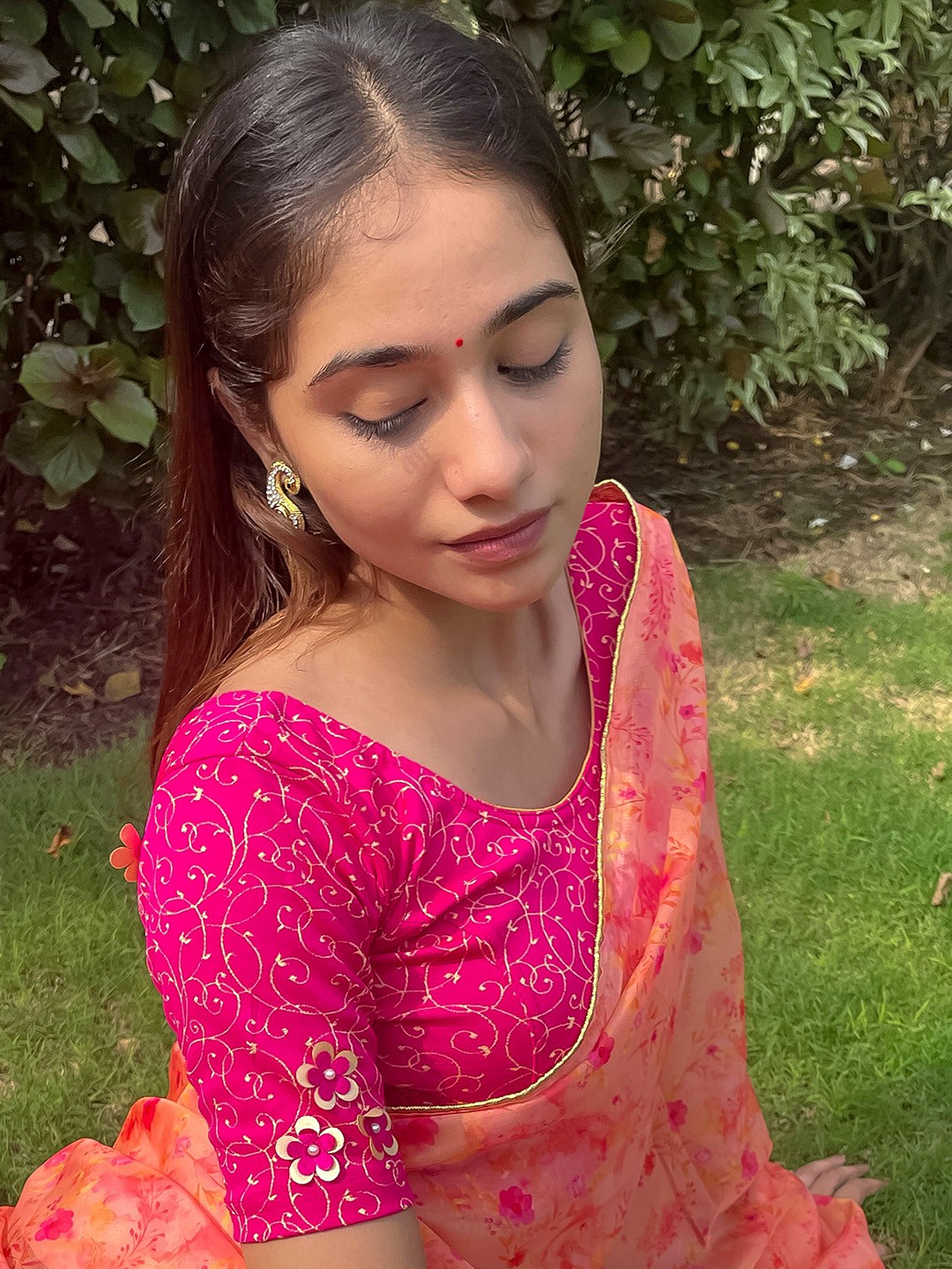 

Bindigasm's Advi Printed Applique Stretchable Saree Blouse, Pink