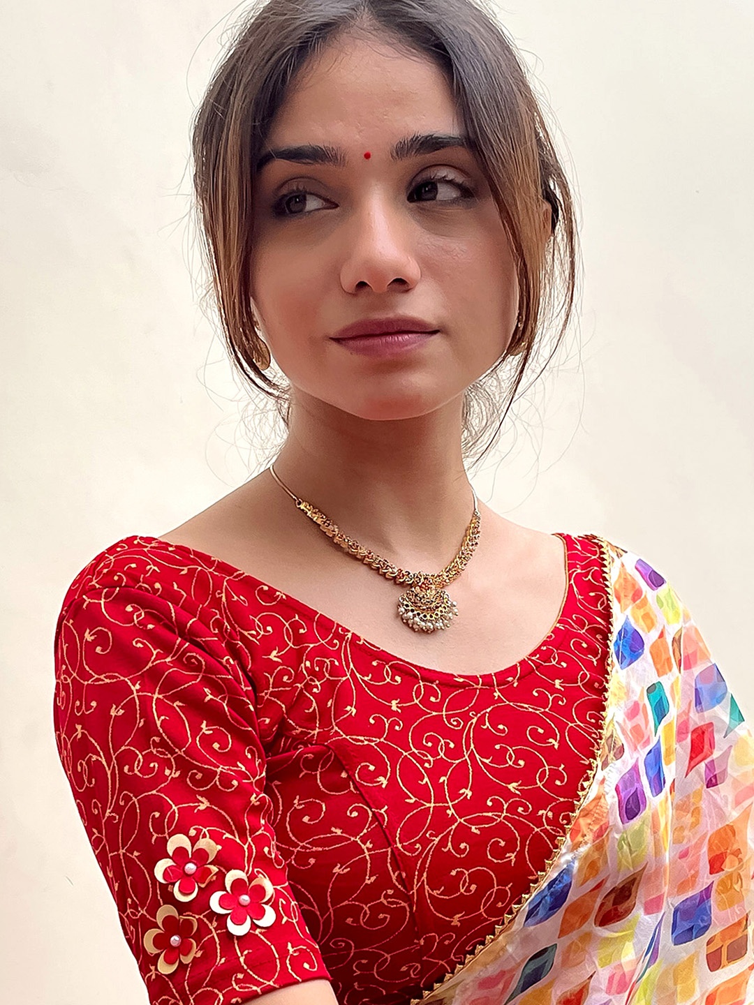 

Bindigasm's Advi Printed Applique Stretchable Saree Blouse, Red
