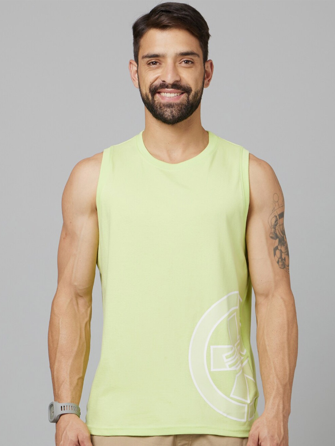Celio Printed Sleeveless Cotton T-shirt, Green