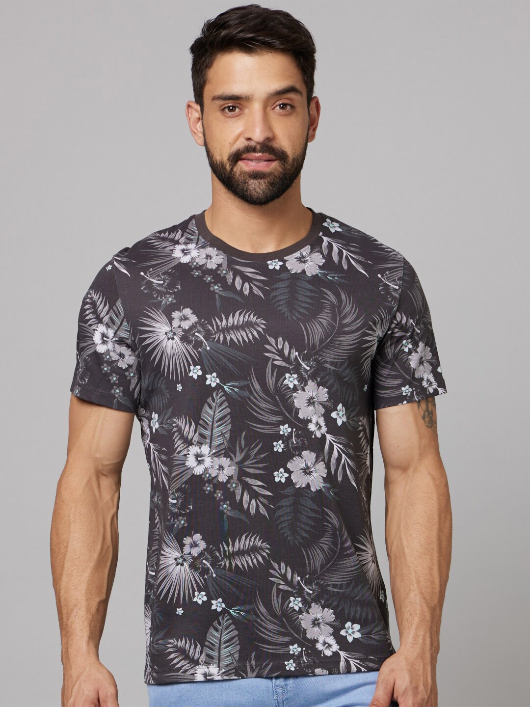 

Celio Floral Printed Cotton T-shirt, Charcoal
