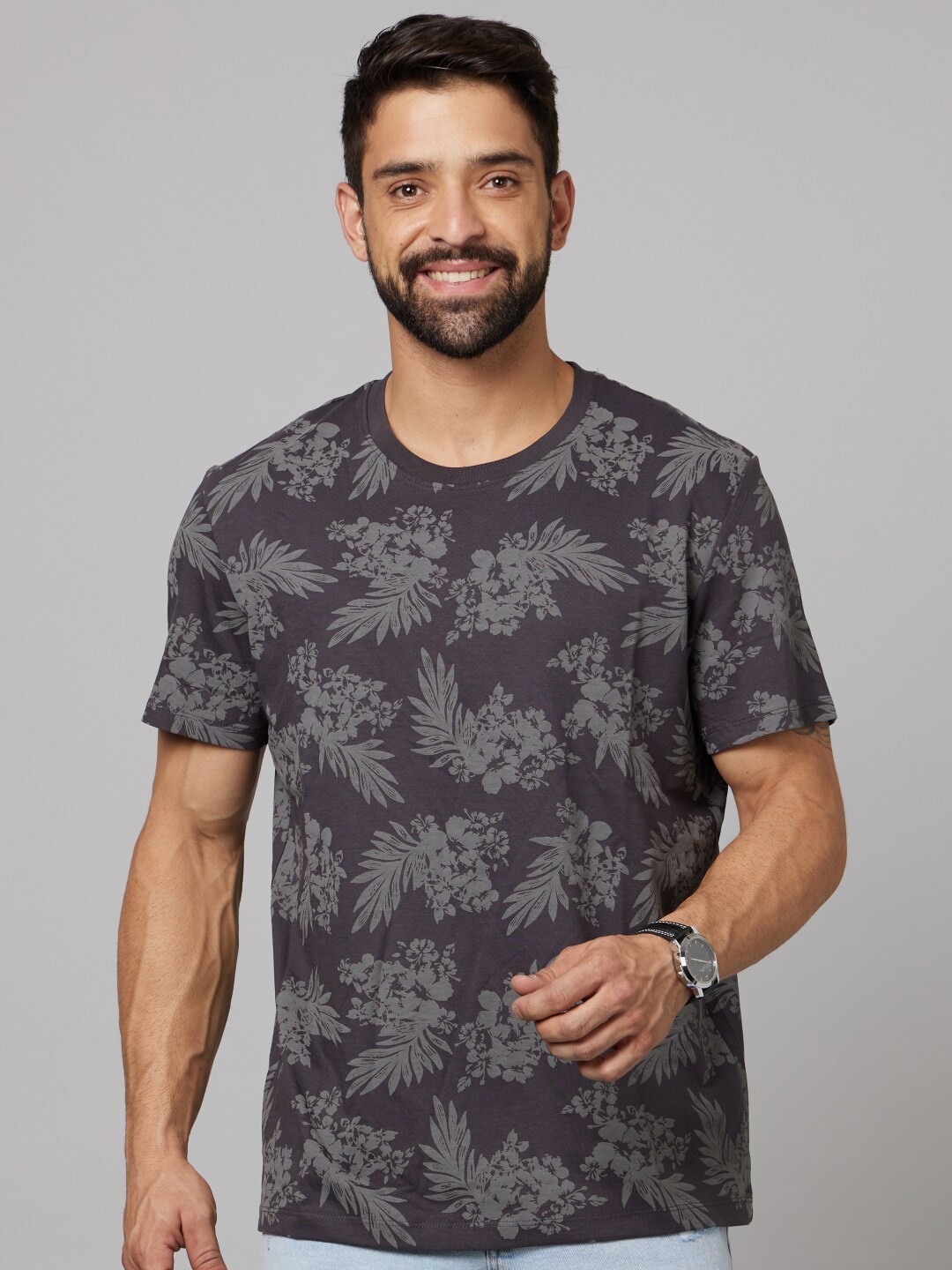 

Celio Floral Printed Cotton T-shirt, Charcoal