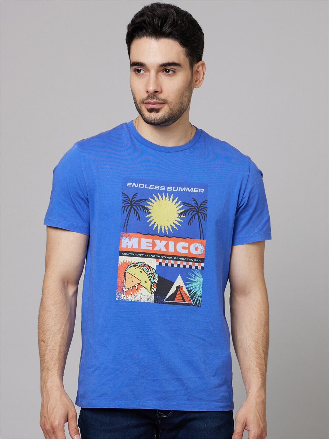 

Celio Graphic Printed Cotton T-shirt, Blue