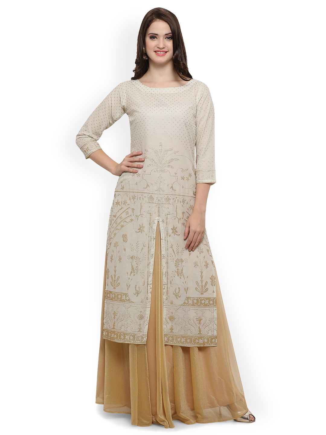 

Ahalyaa Women Off-White & Golden Printed Straight Kurta