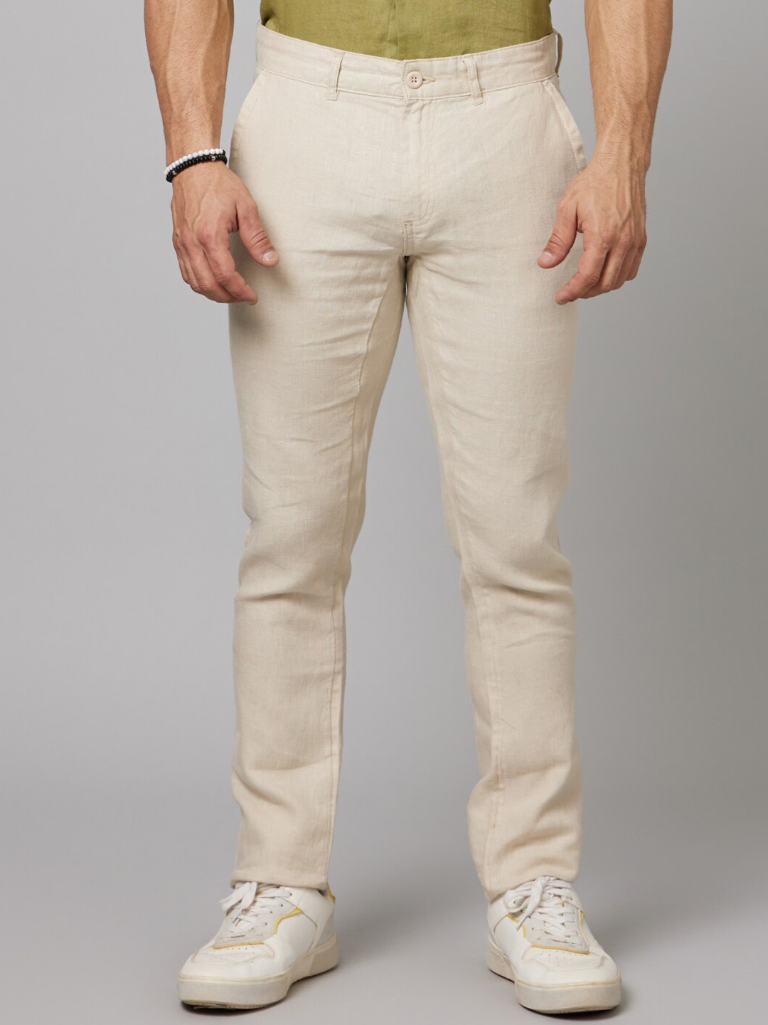 

Celio Men Linen Mid-Rise Slim Fit Trousers, Cream