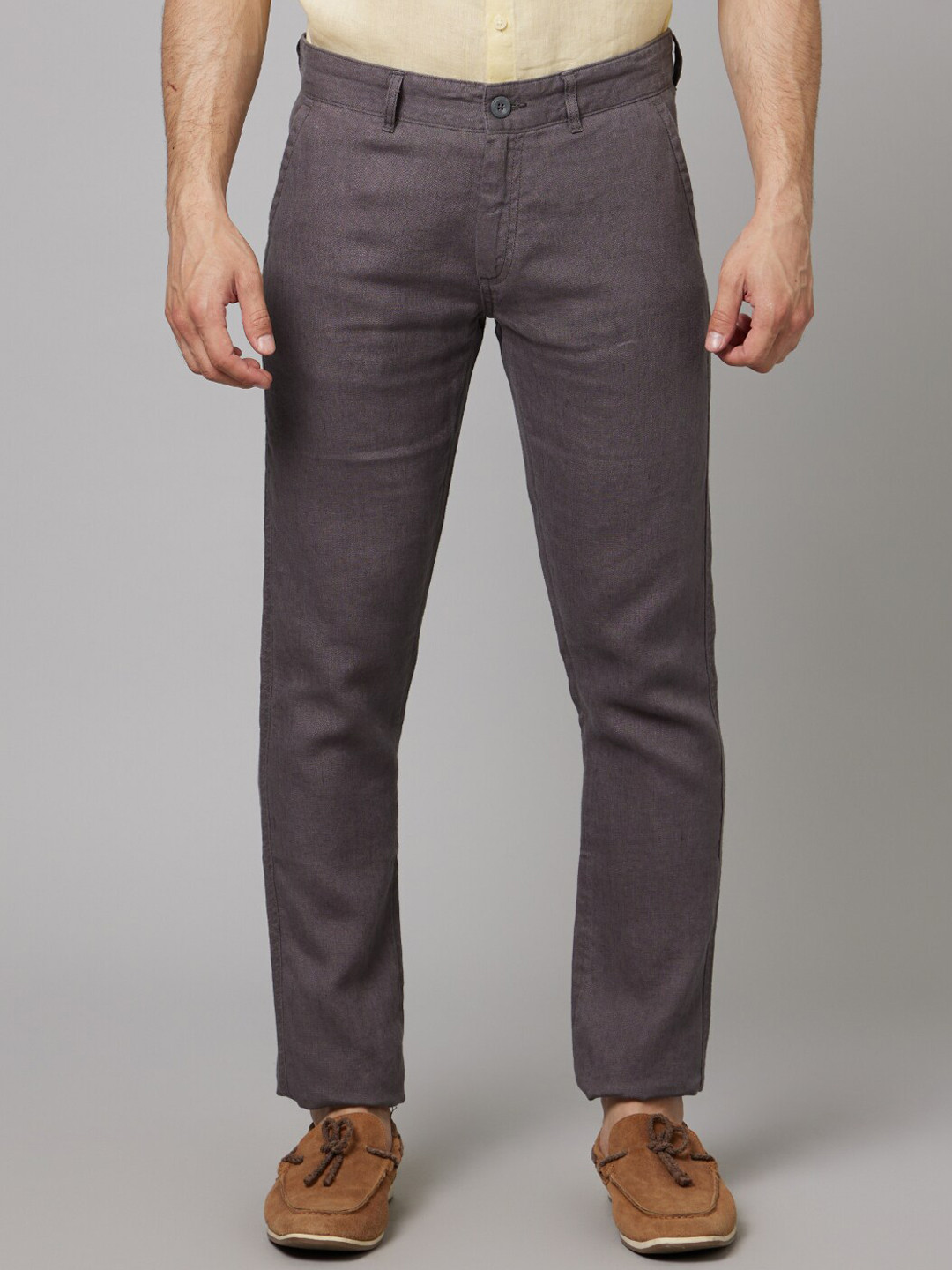 

Celio Men Mid Rise Plain Linen Slim Fit Trousers, Grey