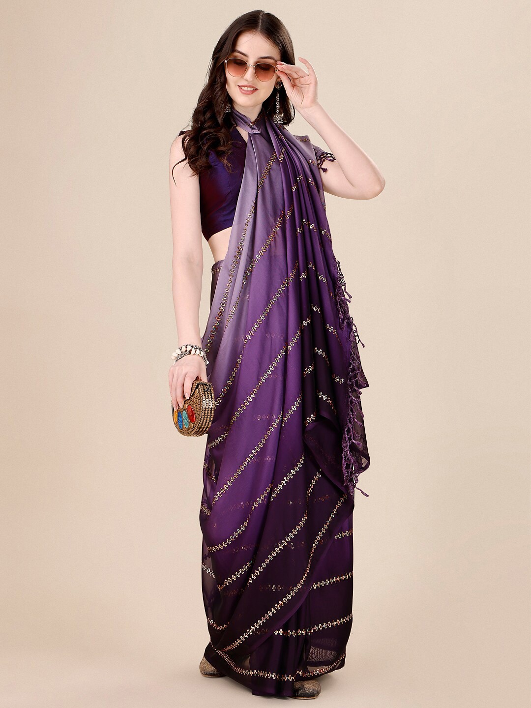 

KALINI Embellished Sequinned Silk Blend Saree, Purple