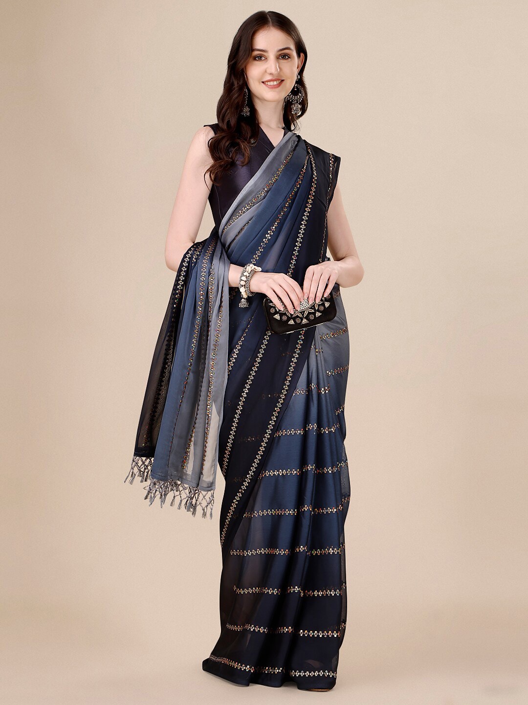 

KALINI Embellished Sequinned Silk Blend Saree, Navy blue