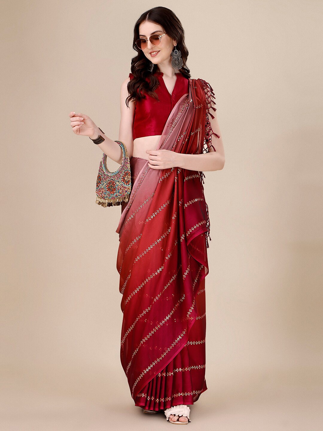 

KALINI Embellished Sequinned Silk Blend Saree, Red