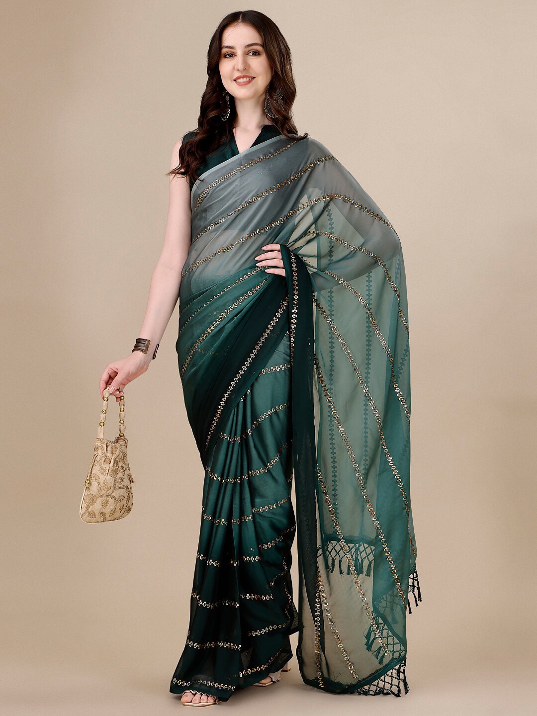 

KALINI Embellished Sequinned Silk Blend Saree, Green