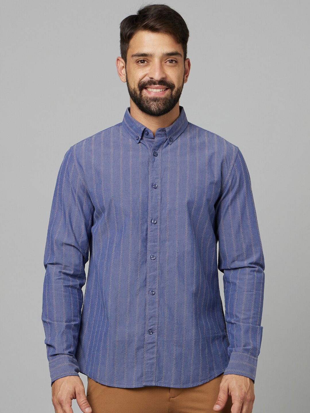 

Celio Straight Slim Fit Striped Cotton Casual Shirt, Blue