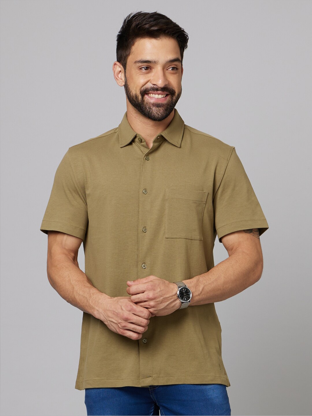 

Celio Classic Spread Collar Cotton Casual Shirt, Khaki