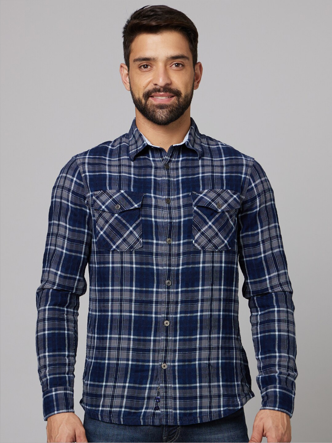 

Celio Straight Slim Fit Tartan Checked Cotton Casual Shirt, Navy blue