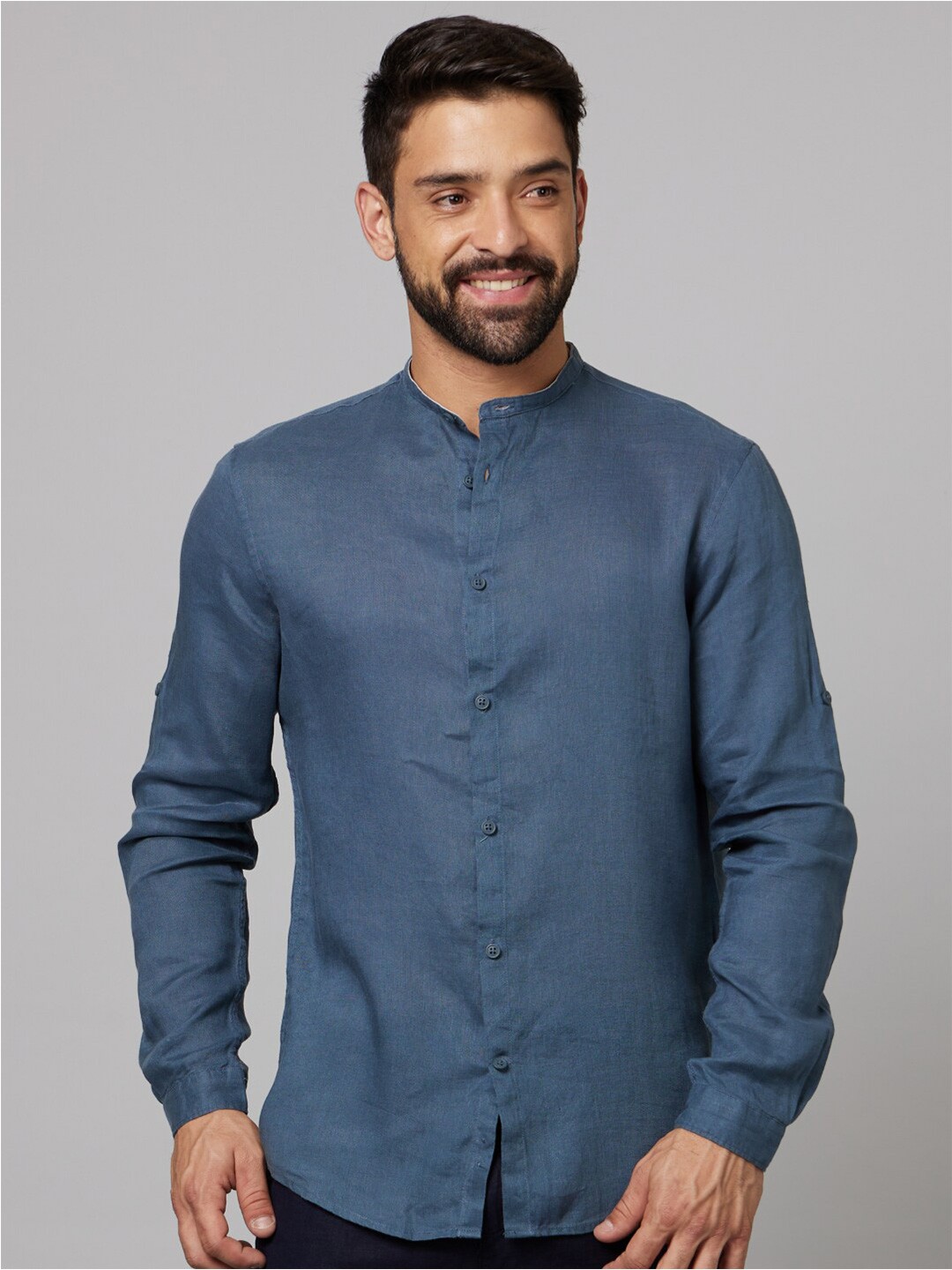 

Celio Band Collar Classic Fit Textured Opaque Casual Linen Shirt, Blue