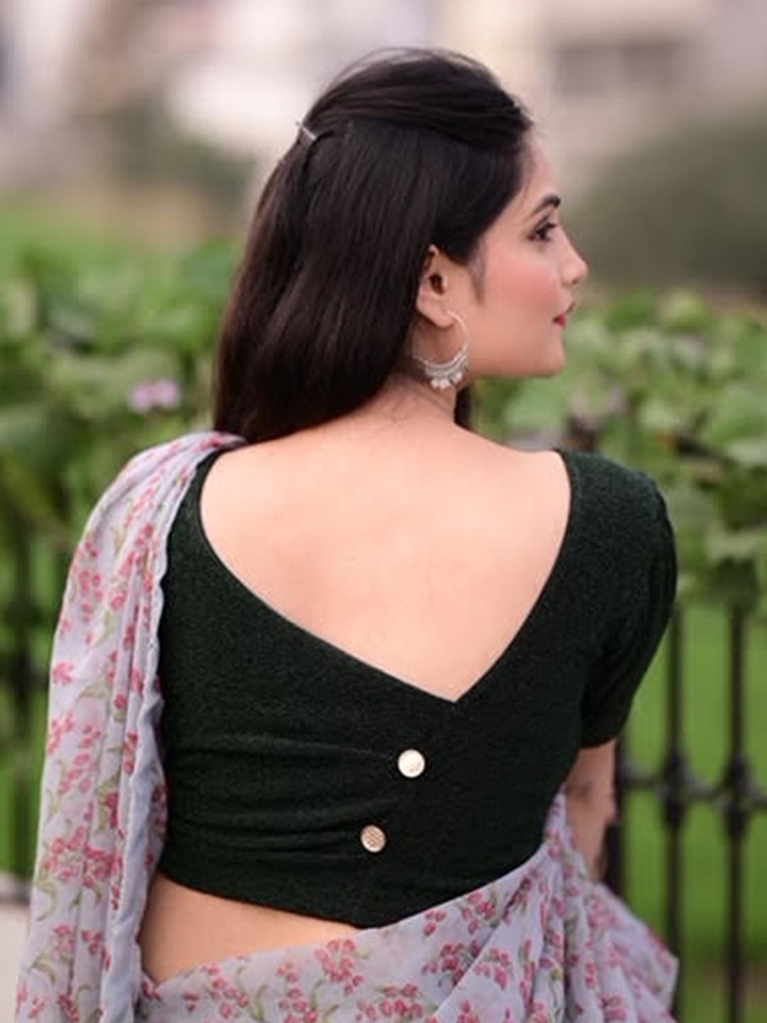 

Bindigasm's Advi Pleated Button Fancy Back with Puff Sleeves Saree Blouse, Green