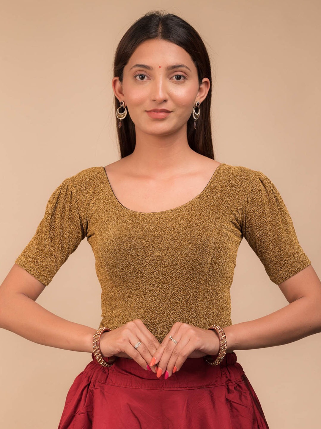 

Bindigasm's Advi Puff Sleeves Embellished Stretchable Saree Blouse, Gold