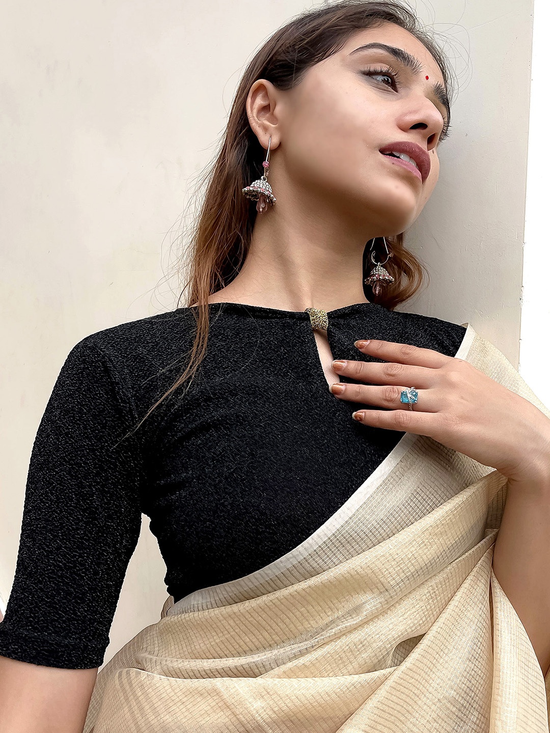 

Bindigasm's Advi Bow Neck Stretchable Lycra Saree Blouse, Black