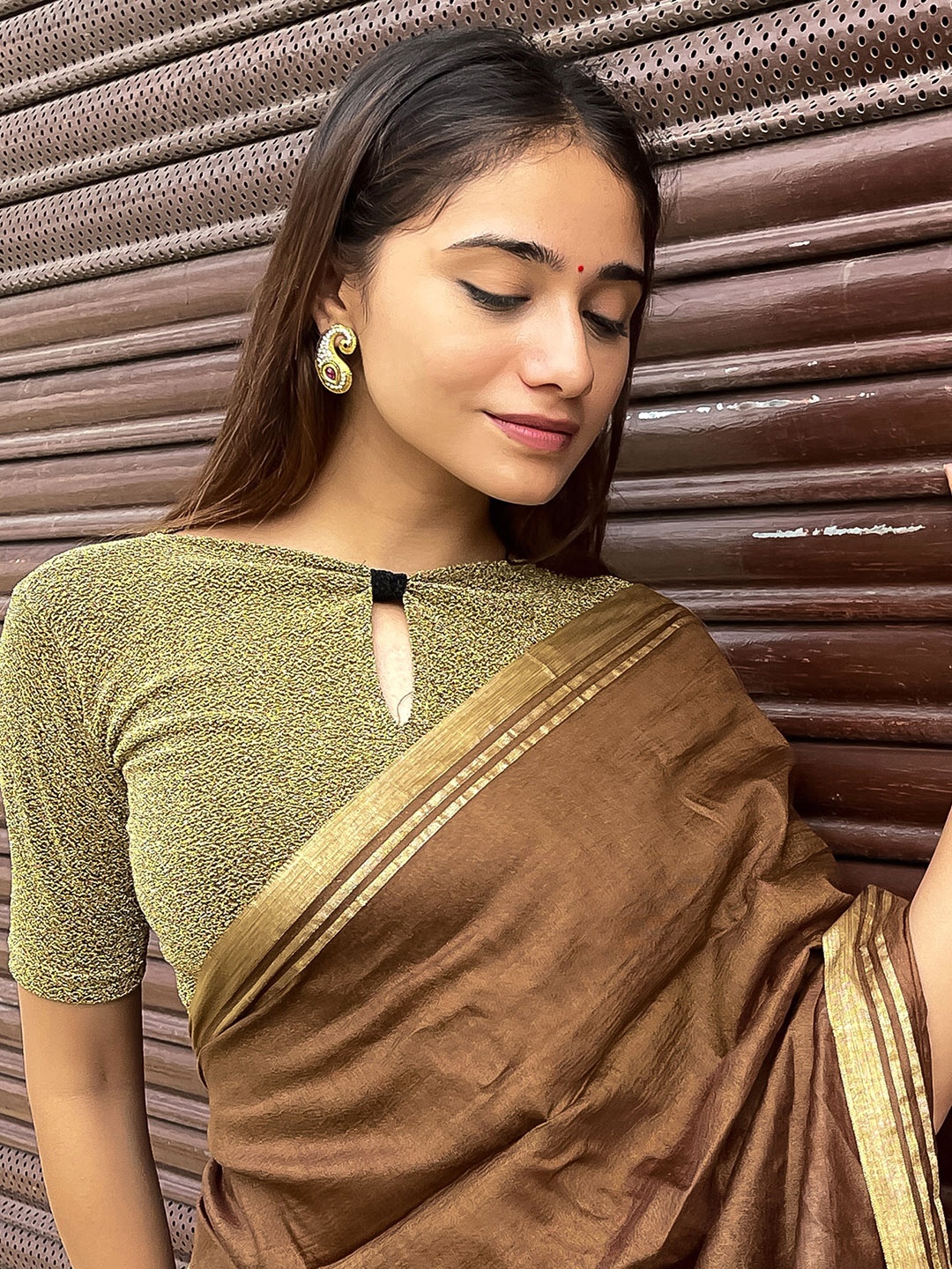 

Bindigasm's Advi Stretchable Lycra Saree Blouse, Gold