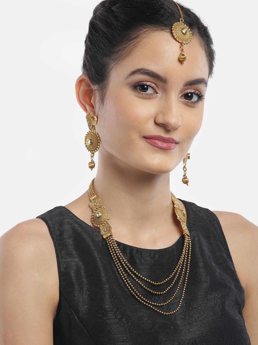 

Anouk Gold-Plated Kundan-Studded & Beaded Layered Necklace & Earring With Maang Tikka