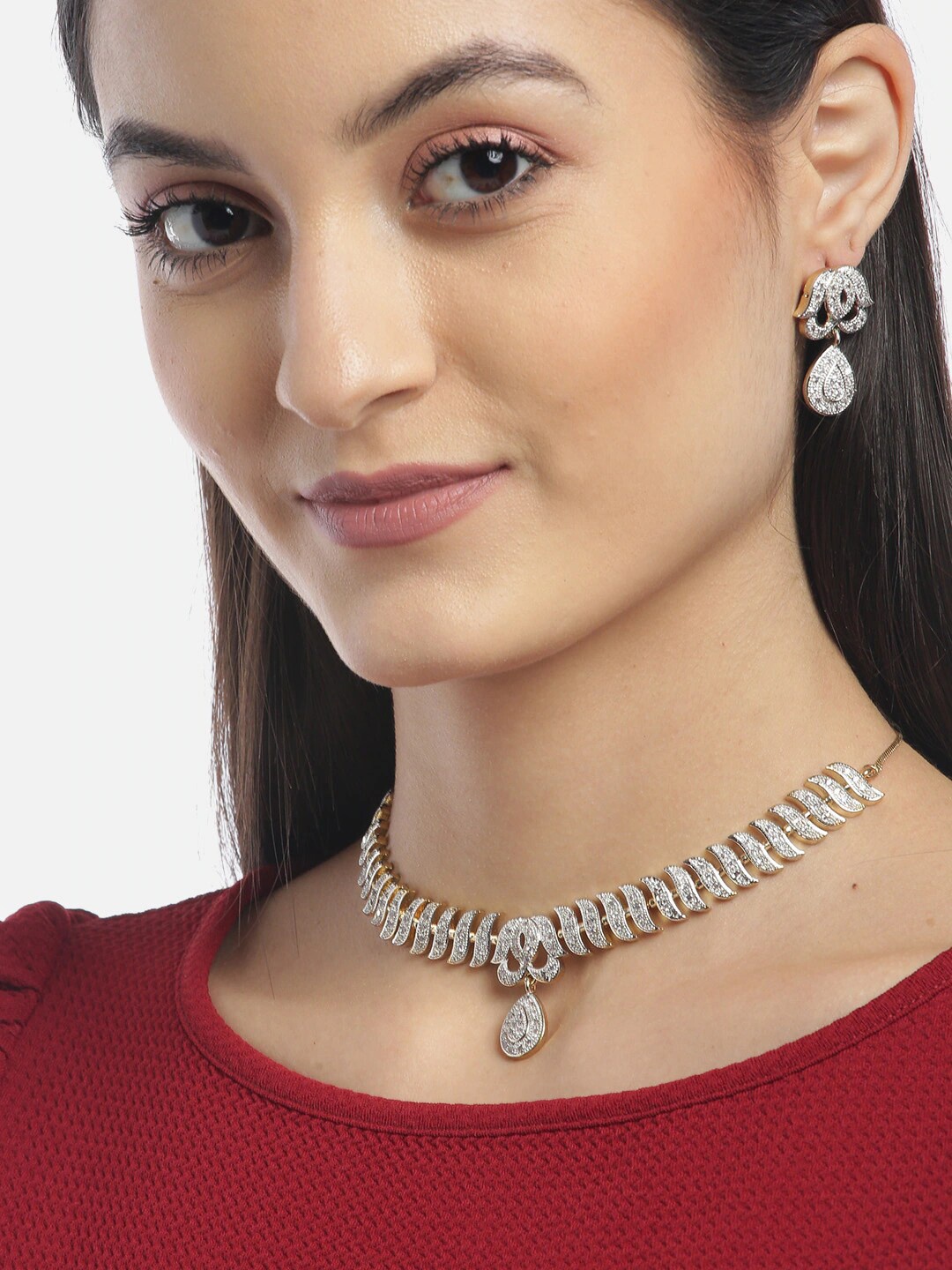 

Anouk Gold-Plated White AD-Studded & Beaded Necklace & Earring
