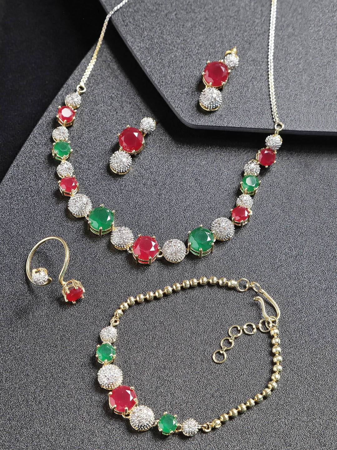 

Anouk Gold-Plated Green & Pink Stone-Studded Necklace With Earring, Bracelete & Ring