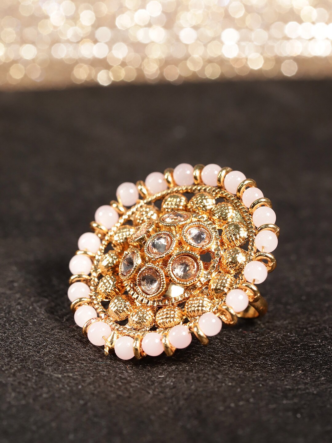 

Anouk Gold-Plated & Pink Artificial Stones and Beads -Studded Adjustable Finger Ring
