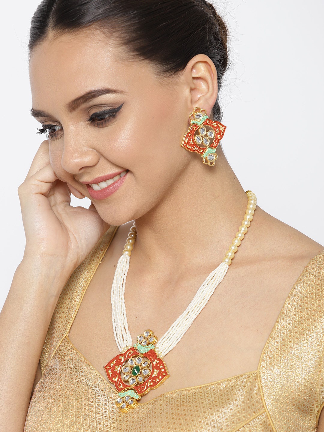 

Anouk Gold-Plated & Red Stone Studded & Beaded Enamelled Necklace & Earrings