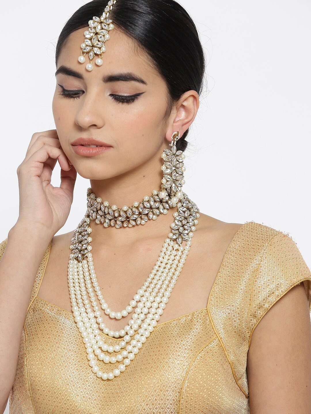 

Anouk Gold-Plated Stone Studded & Pearls Beaded Layered Jewellery Set