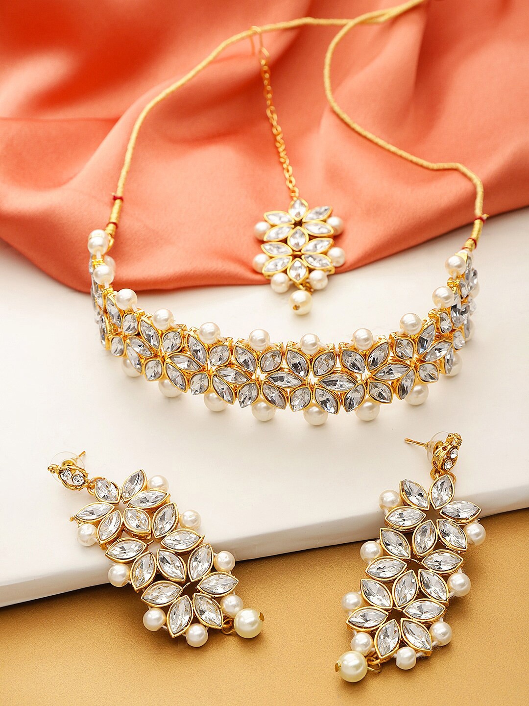 

Anouk Gold-Plated & White Stone Studded & Beaded Necklace & Earrings