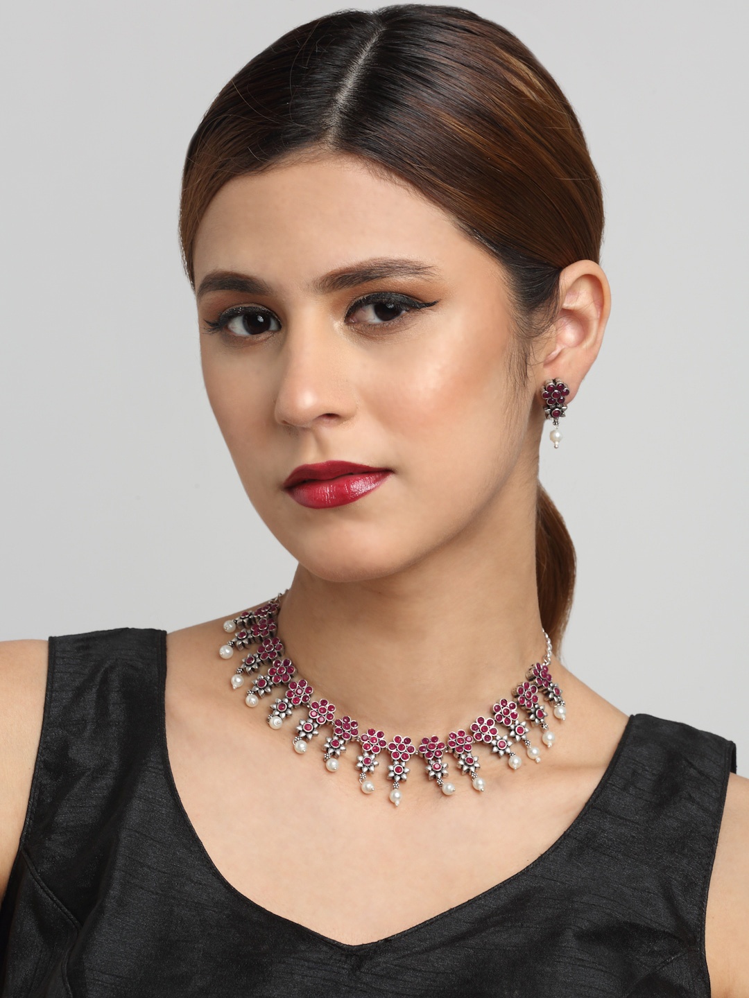 

Anouk Oxidized Silver-Plated & Maroon Stone Studded & Beaded Necklace & Earrings
