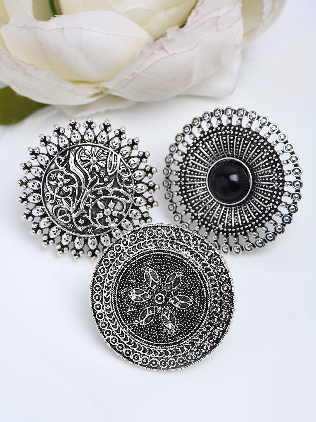 

Anouk Set Of 3 Silver-Plated & Black Oxidised Stone-Studded Rings
