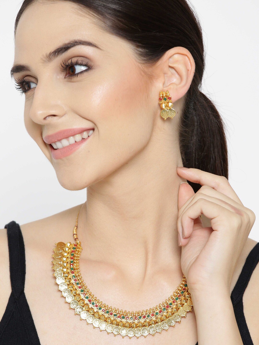 

Anouk Gold-Plated & Pink Stone Studded Temple Necklace & Earrings