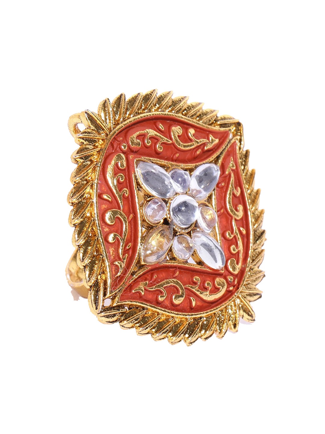 

Anouk Gold-Plated & Red Stone Studded Meenakari Adjustable Finger Ring