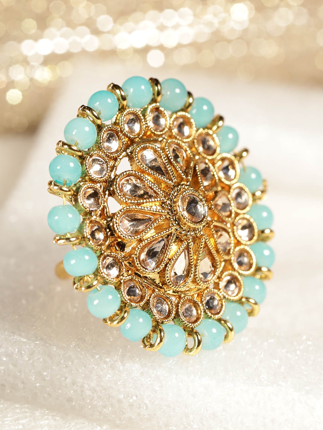 

Anouk Gold-Plated & Turquoise Blue Stones-Studded & Beads-Beaded Adjustable Ring