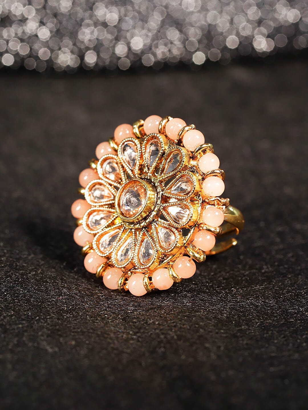 

Anouk Gold-Plated & Peach Stones-Studded & Beads-Beaded Adjustable Ring