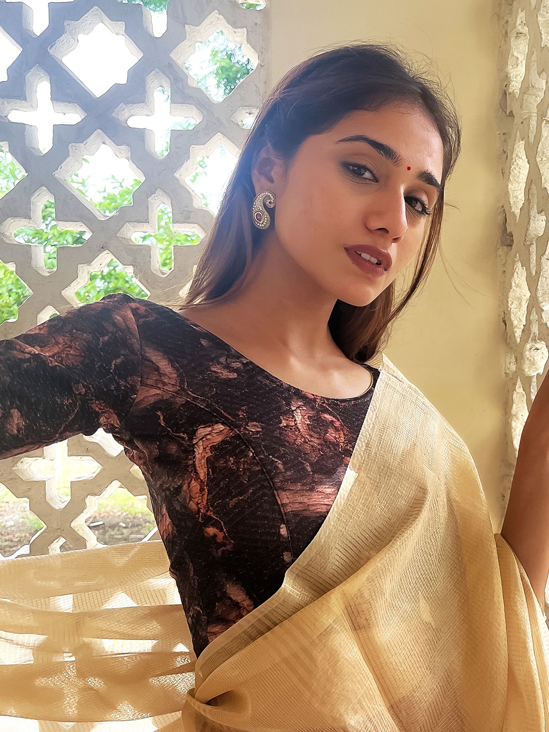 

Bindigasm's Advi Printed with Silk Trims Stretchable Lycra Saree Blouse, Black