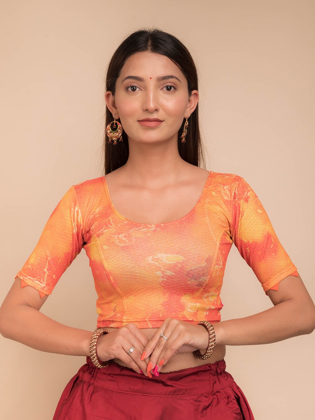 

Bindigasm's Advi Printed with Silk Trims Stretchable Lycra Saree Blouse, Orange