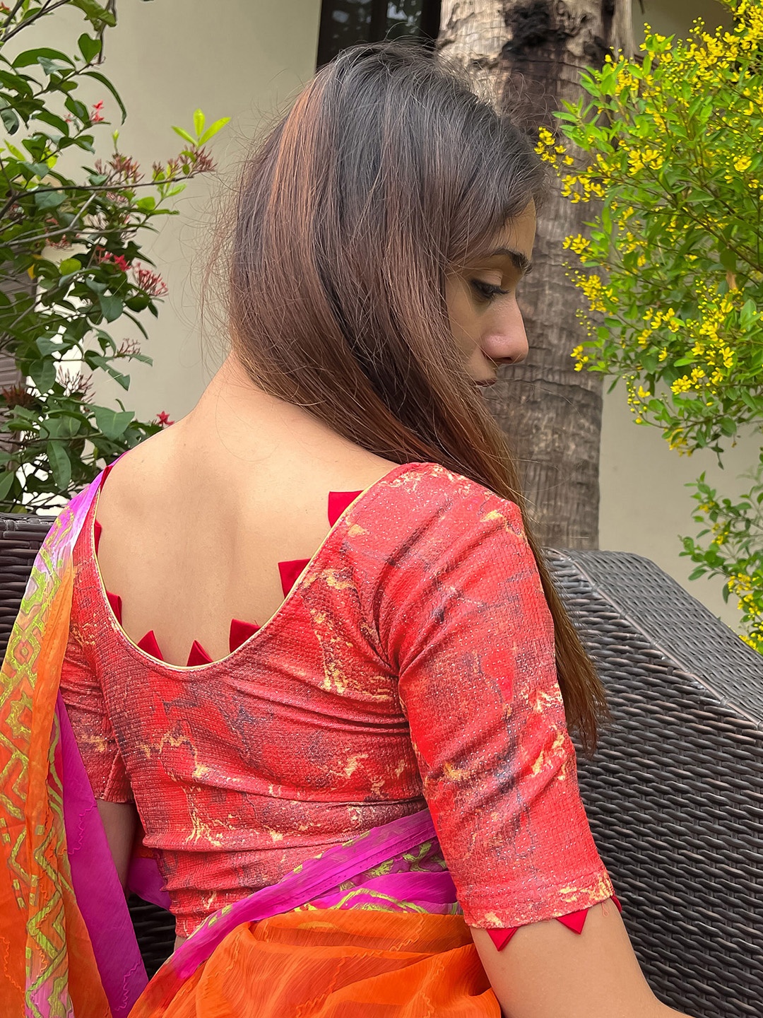 

Bindigasm's Advi Printed with Silk Trims Stretchable Saree Blouse, Red