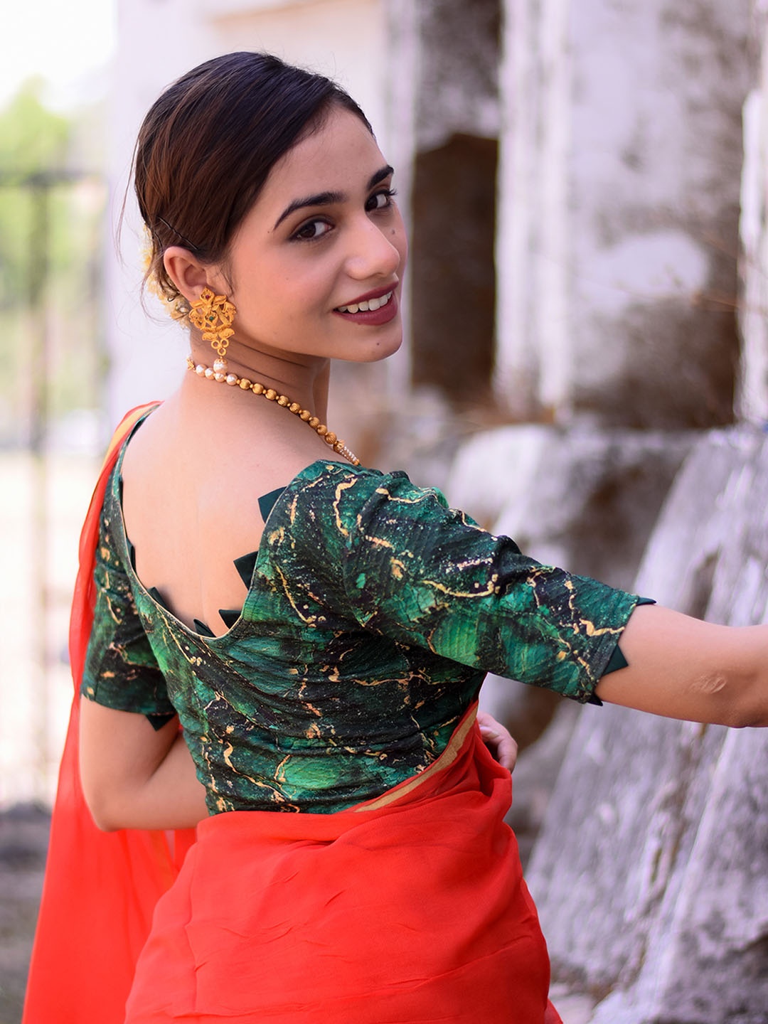 

Bindigasm's Advi Printed with Silk Trims Stretchable Lycra Saree Blouse, Green