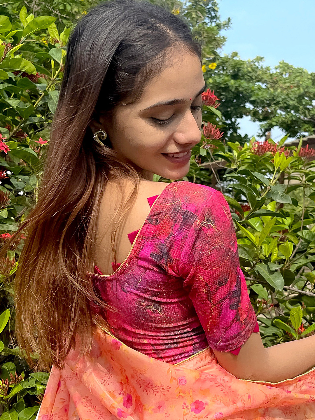 

Bindigasm's Advi Printed with Silk Trims Stretchable Saree Blouse, Pink