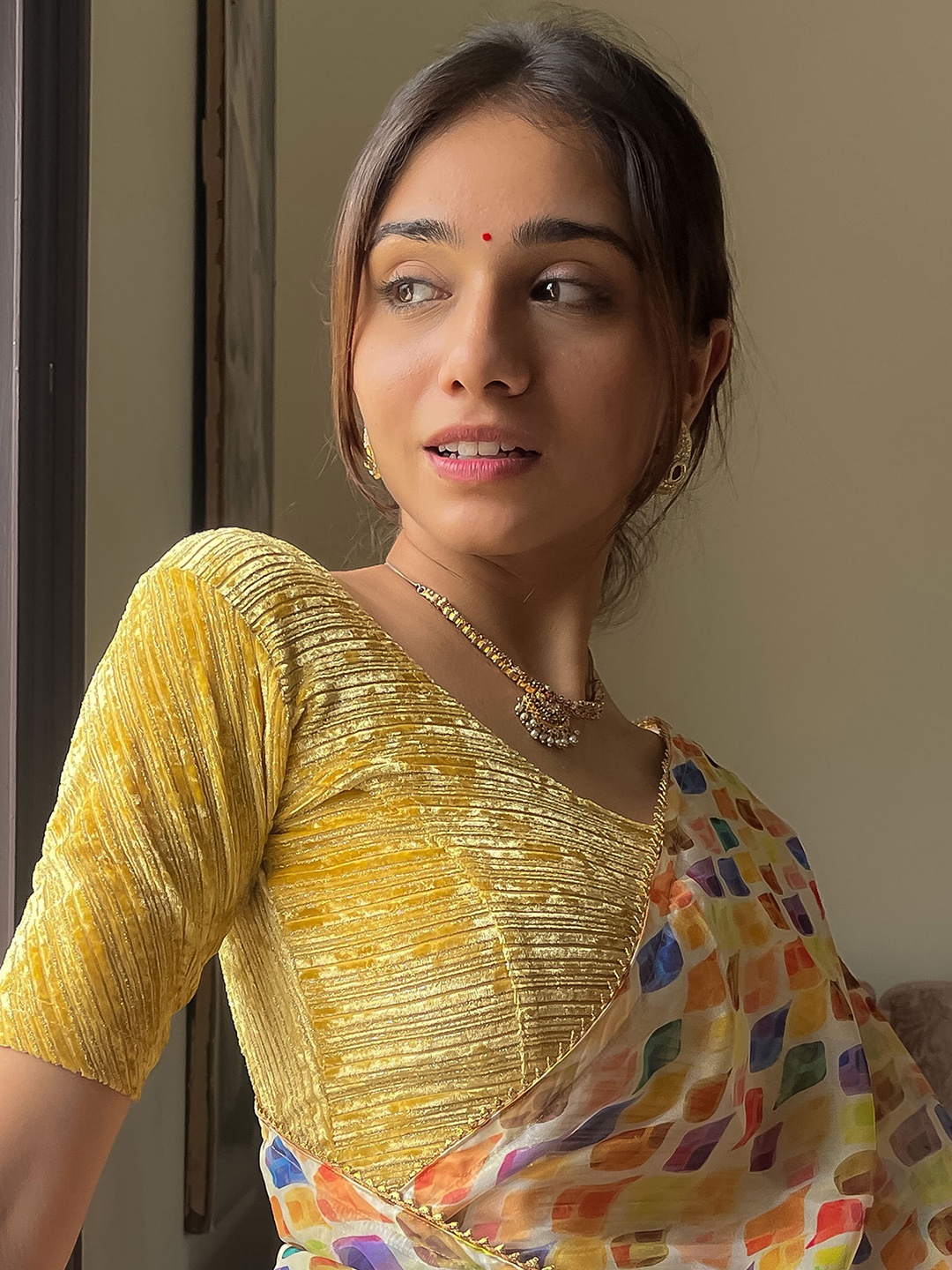 

Bindigasm's Advi Self-Design Stripes Fancy Back Stretchable Saree Blouse, Beige