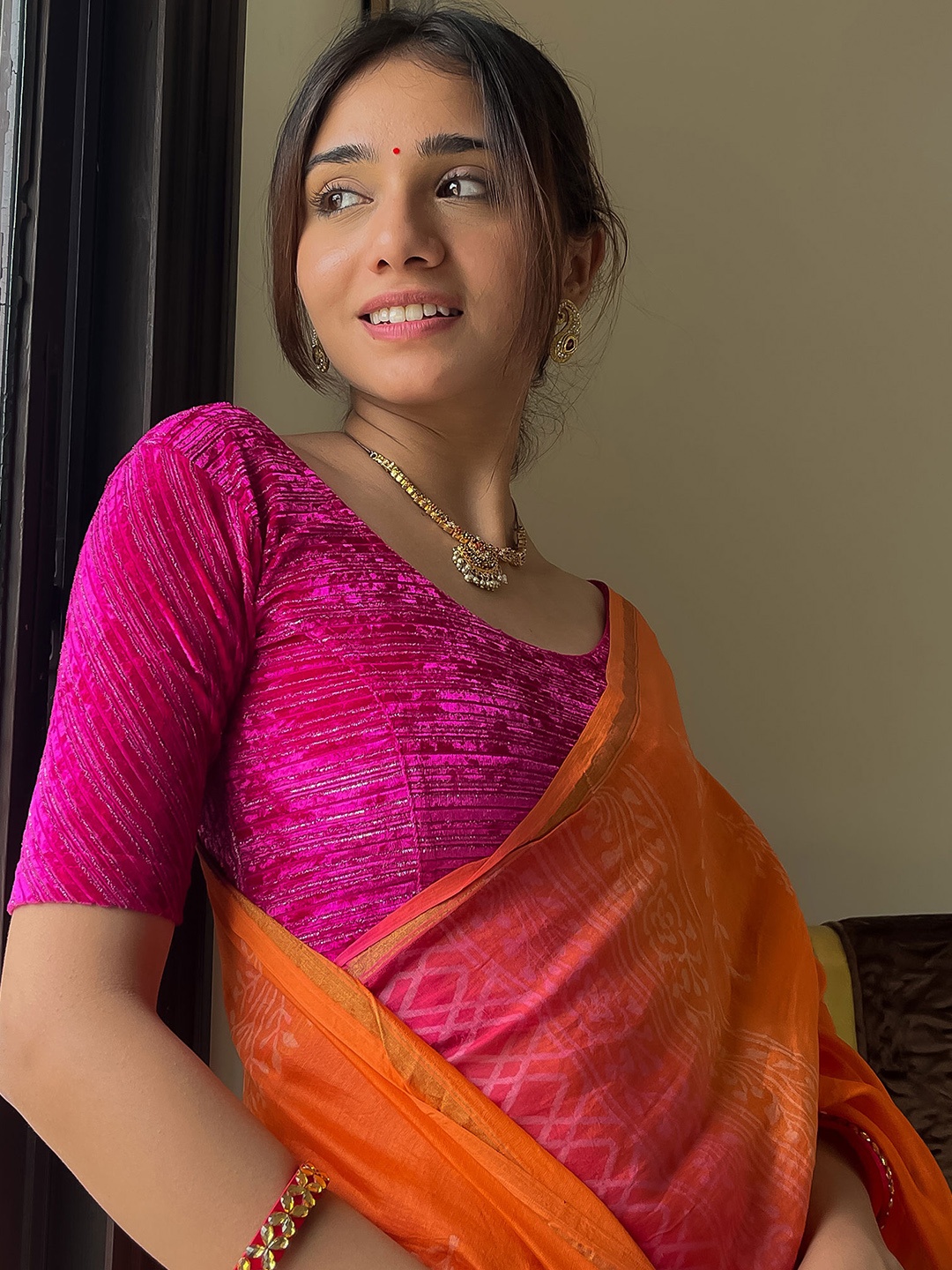 

Bindigasm's Advi Self-Design Stripes Fancy Back Saree Blouse, Pink